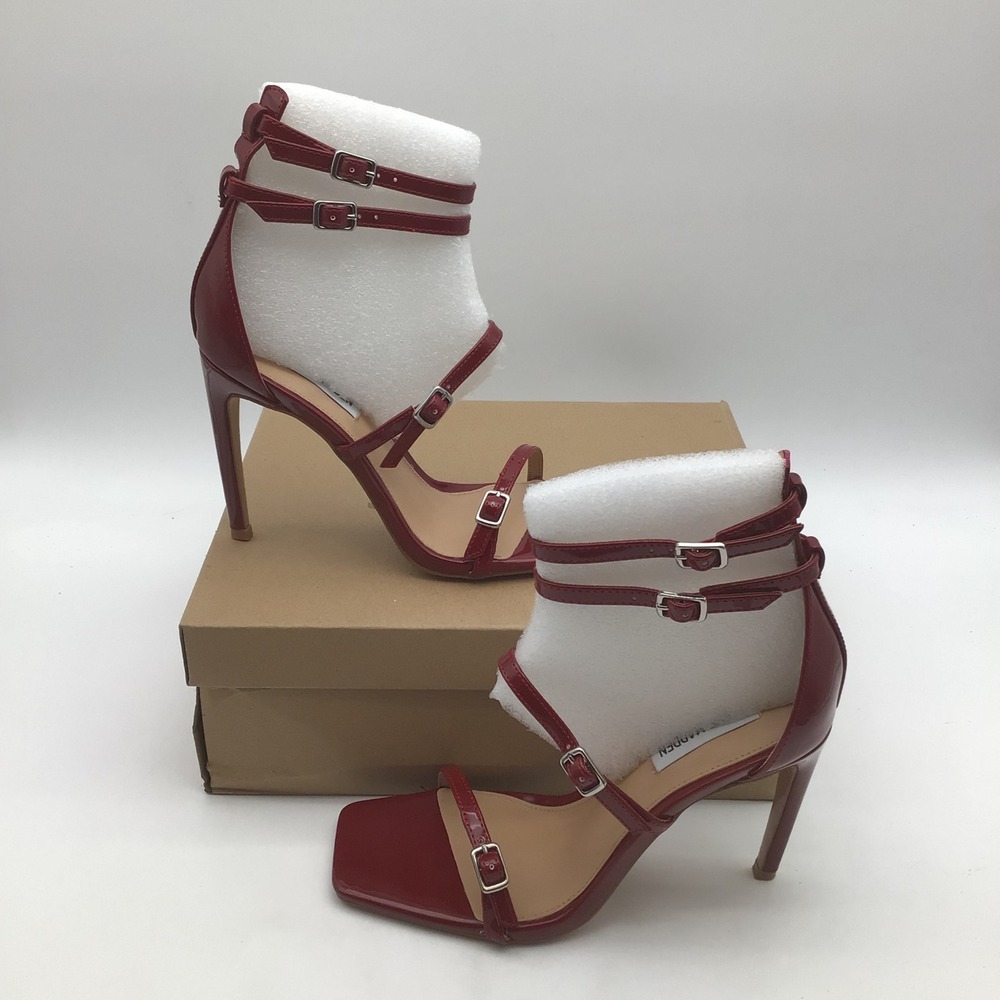 Steve Madden Senna Red Patent Strappy Stiletto Square Toe Heels Size 9M NEW